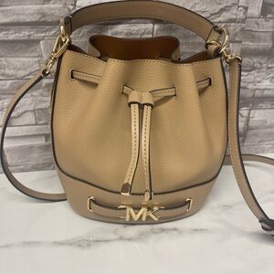 Michael Kors Reed Belted Bucket Bag Camel